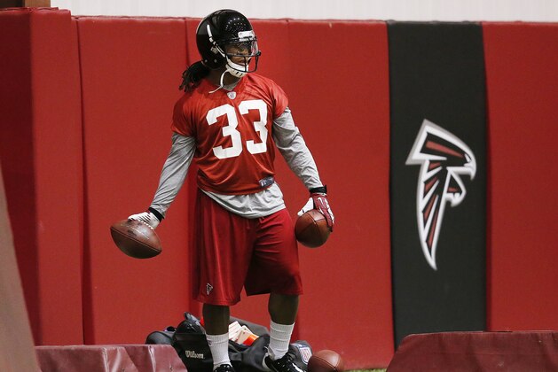 Atlanta Falcons rookie running back Devonta Freeman is shown during their rookie minicamp football practice Sunday, May 18, 2014 in Flowery Branch, Ga.  When Freeman was selected by Atlanta in the fourth round, he said he