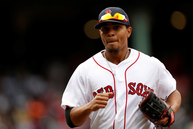 May 4, 2014; Boston, MA, USA; Boston Red Sox shortstop Xander Bogaerts (2) during the fourth inning against the Oakland Athletics at Fenway Park. Mandatory Credit: Greg M. Cooper-USA TODAY Sports