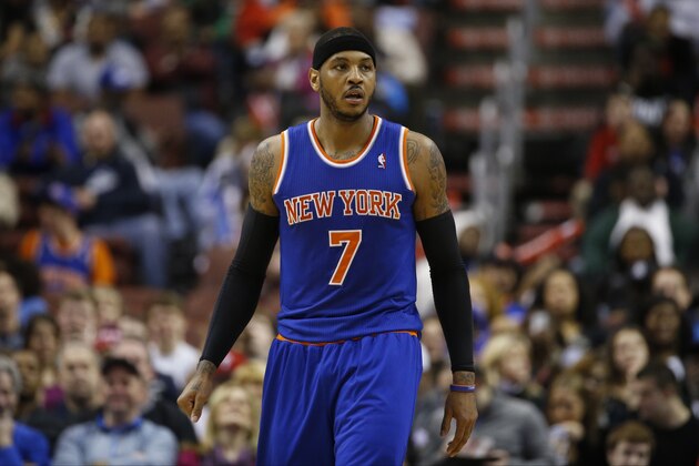 New York Knicks' Carmelo Anthony in action during an NBA basketball game against the Philadelphia 76ers, Friday, March 21, 2014, in Philadelphia. (AP Photo/Matt Slocum)