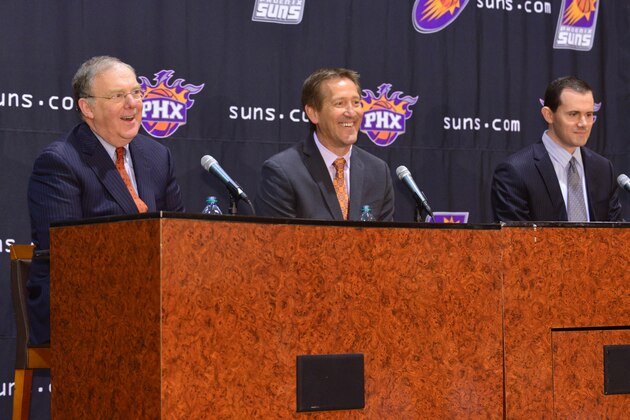 PHOENIX, AZ - MAY 28:  President of Basketball Operations Lon Babby, Coach Jeff Hornacek and General Manager Ryan McDonough answer questions on May 28, 2013 at U.S. Airways Center in Phoenix, Arizona. NOTE TO USER: User expressly acknowledges and agrees that, by downloading and or using this photograph, user is consenting to the terms and conditions of the Getty Images License Agreement. Mandatory Copyright Notice: Copyright 2013 NBAE (Photo by Barry Gossage/NBAE via Getty Images)