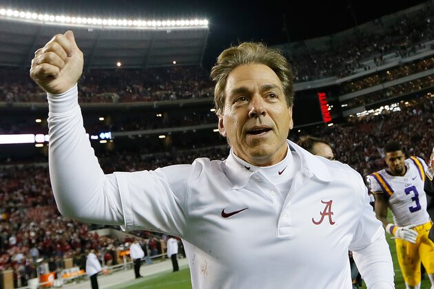 TUSCALOOSA, AL - NOVEMBER 09:  Head coach Nick Saban of the Alabama Crimson Tide celebrates their 38-17 win over the LSU Tigers at Bryant-Denny Stadium on November 9, 2013 in Tuscaloosa, Alabama.  (Photo by Kevin C. Cox/Getty Images)