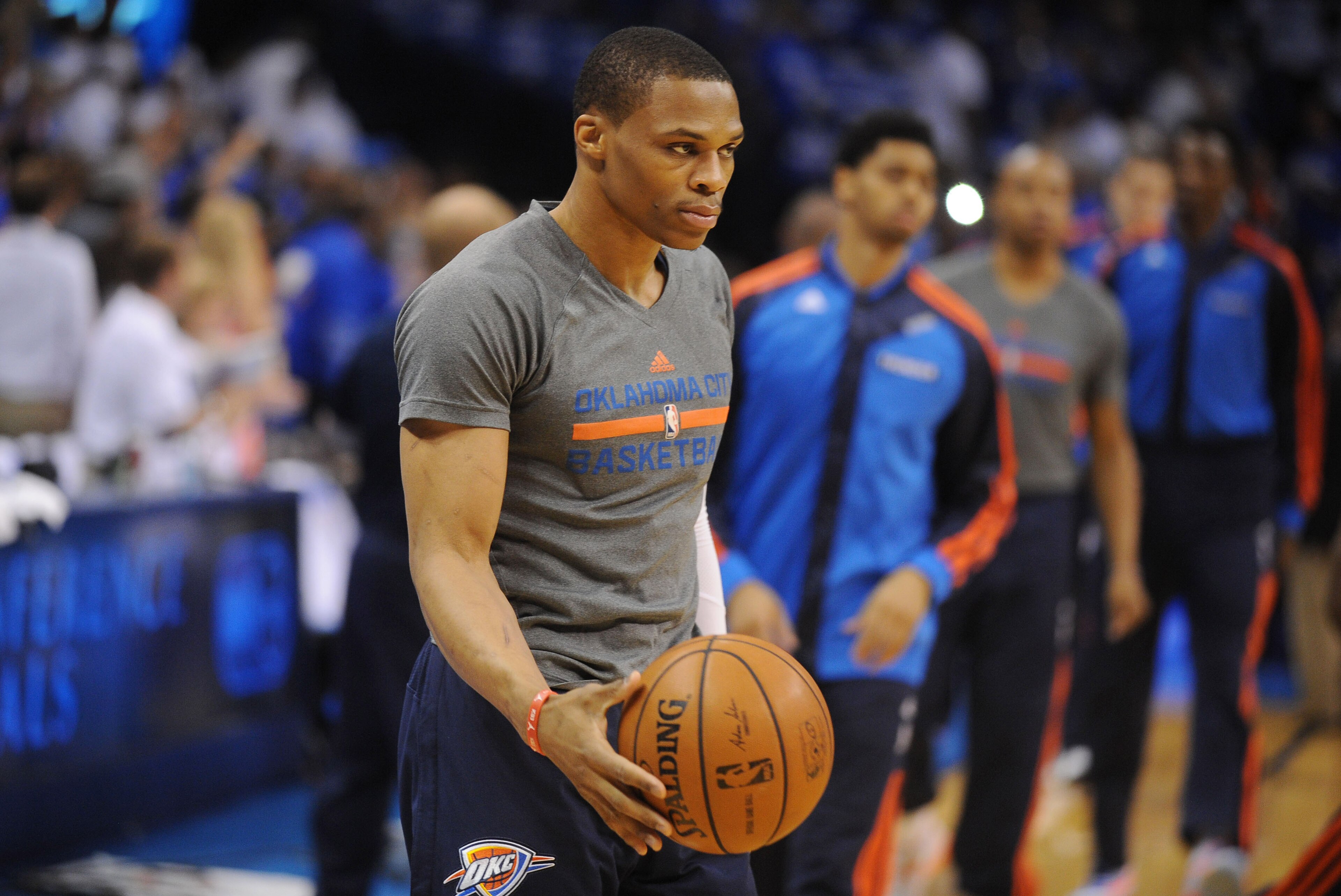 May 27, 2014; Oklahoma City, OK, USA; Oklahoma City Thunder guard Russell Westbrook (0) warms up prior to action against the San Antonio Spurs in game four of the Western Conference Finals of the 2014 NBA Playoffs at Chesapeake Energy Arena. Mandatory Credit: Mark D. Smith-USA TODAY Sports