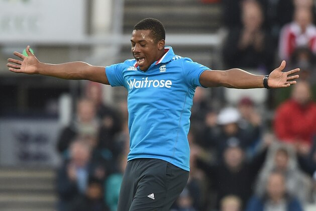 MANCHESTER, ENGLAND - MAY 28:  Chris Jordan of England celebrates the wicket of Lasith Malinga of Sri Lanka during the 3rd Royal London One-Day International match between England and Sri Lanka at Old Trafford on May 28, 2014  in Manchester, England.  (Photo by Laurence Griffiths/Getty Images)