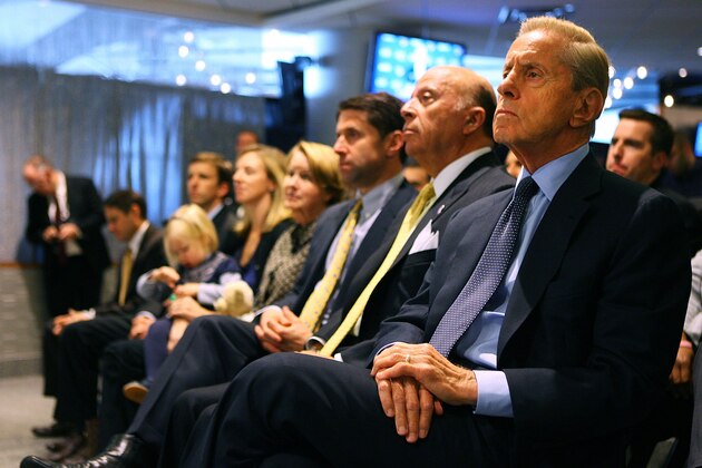 NEW YORK - OCTOBER 29:  Fred Wilpon, president of the Mets, far right, listens while Sandy Alderson answers questions during a press conference introducing Alderson as the general manager for the New York Mets on October 29, 2010 at Citi Field in the Flushing neighborhood of the Queens borough of New York City. Wilpon sat with Alderson's family, along with Saul Katz, CEO of the Mets and Jeff Wilpon, chief operating officer of the Mets.  (Photo by Andrew Burton/Getty Images)