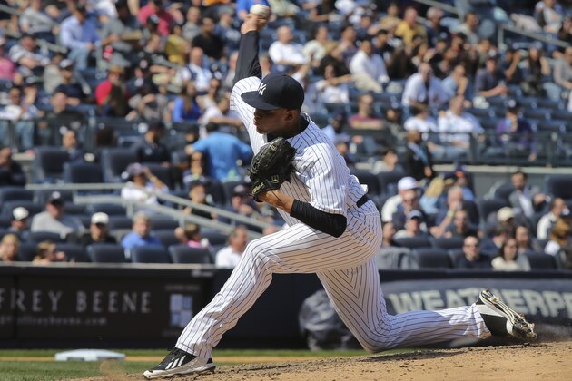 New York Yankees relief pitcher Dellin Betances throws in the sixth inning of a baseball game against the Los Angeles Angels at Yankee Stadium, Saturday, April 26, 2014, in New York. (AP Photo/John Minchillo) New York Yankees relief pitcher Dellin Betances throws in the sixth inning of a baseball game against the Los Angeles Angels at Yankee Stadium, Saturday, April 26, 2014, in New York. (AP Photo/John Minchillo)