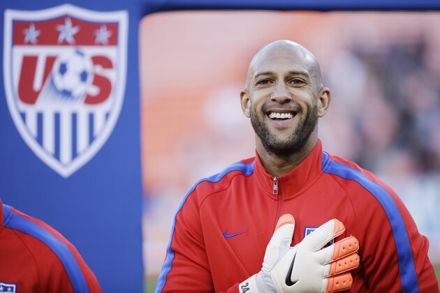 United States goalkeeper Tim Howard smiles during player introductions before an international friendly soccer match against Azerbaijan on Tuesday, May 27, 2014, in San Francisco. (AP Photo/Marcio Jose Sanchez)