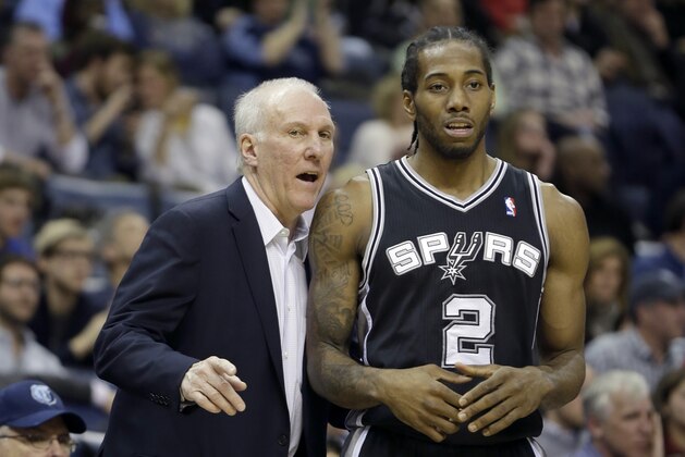 San Antonio Spurs coach Gregg Popovich, left, talks to Spurs' Kawhi Leonard (2) in the second half of an NBA basketball game in Memphis, Tenn., Tuesday, Jan. 7, 2014. The Spurs defeated the Grizzlies 110-108 in overtime. (AP Photo/Danny Johnston)
