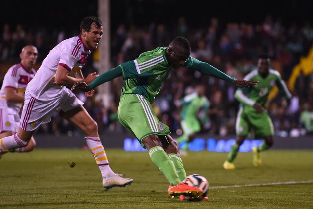 LONDON, ENGLAND - MAY 28:  Uche Nwofor of Nigeria equalises in the last minute during an International Friendly between Scotland and Nigeria at Craven Cottage on May 28, 2014 in London, United Kingdom.  (Photo by Mike Hewitt/Getty Images)
