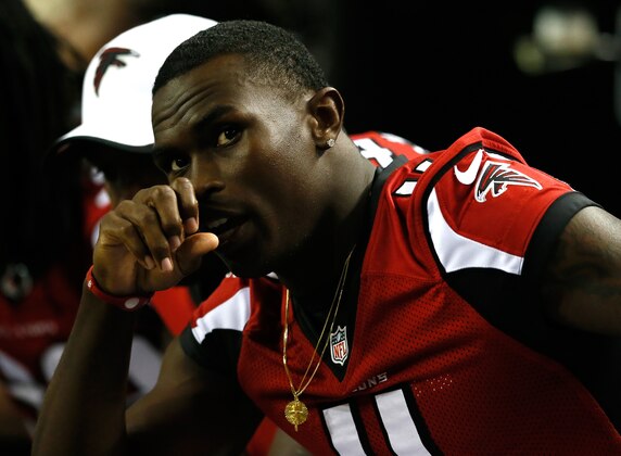 ATLANTA, GA - AUGUST 29:  Julio Jones #11 of the Atlanta Falcons looks on from the sidelines during the game against the Jacksonville Jaguars at Georgia Dome on August 29, 2013 in Atlanta, Georgia.  (Photo by Kevin C. Cox/Getty Images)