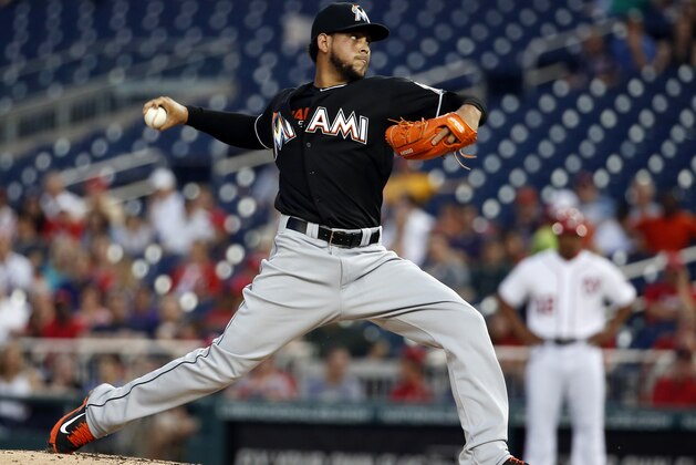 Miami Marlins starting pitcher Henderson Alvarez throws during the third inning of a baseball game against the Washington Nationals at Nationals Park, Wednesday, May 28, 2014, in Washington. (AP Photo/Alex Brandon)