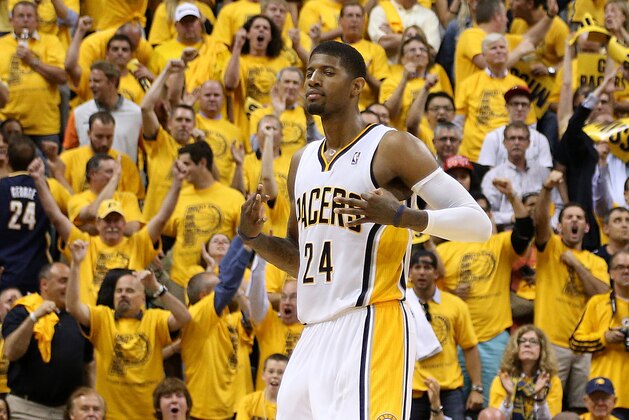 May 28, 2014; Indianapolis, IN, USA; Indiana Pacers forward Paul George (24) reacts after game five against the Miami Heat of the Eastern Conference Finals of the 2014 NBA Playoffs at Bankers Life Fieldhouse.  Indiana defeats Miami 93-90. Mandatory Credit: Brian Spurlock-USA TODAY Sports