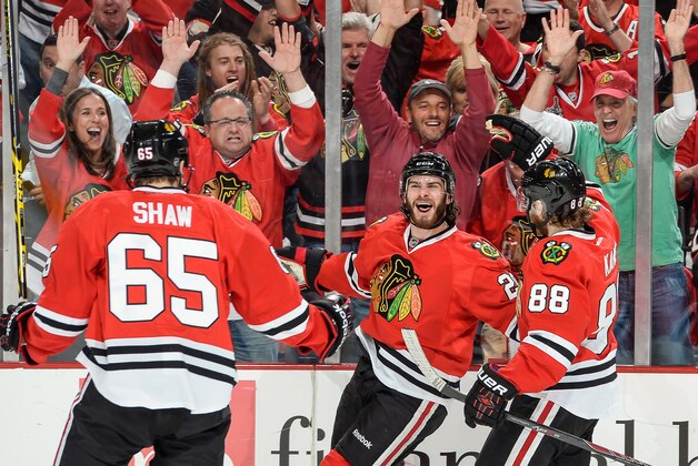CHICAGO, IL - MAY 28: Brandon Saad #20 of the Chicago Blackhawks reacts after scoring against the Los Angeles Kings in the first period in Game Five of the Western Conference Final during the 2014 NHL Stanley Cup Playoffs at the United Center on May 28, 2014 in Chicago, Illinois. (Photo by Bill Smith/NHLI via Getty Images)