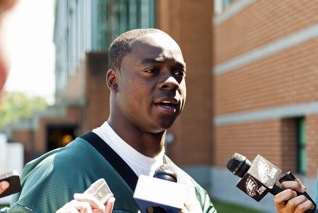 Jun 4, 2013; Philadelphia, PA, USA; Philadelphia Eagles wide receiver Jeremy Maclin (18) addresses the media during minicamp at the NovaCare Complex. Mandatory Credit: Howard Smith-USA TODAY Sports