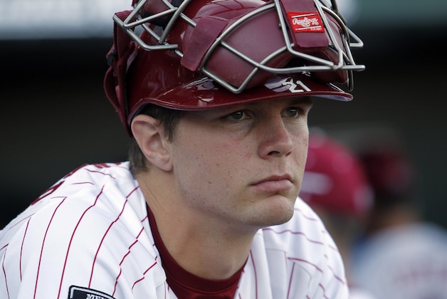 June 22, 2012; Omaha, NE, USA;  South Carolina Gamecocks catcher Grayson Greiner (21) looks out from the dugout prior to the game against the Arkansas Razorbacks in game thirteen of the 2012 College World Series at TD Ameritrade Park. Mandatory Credit: Bruce Thorson-USA TODAY Sports
