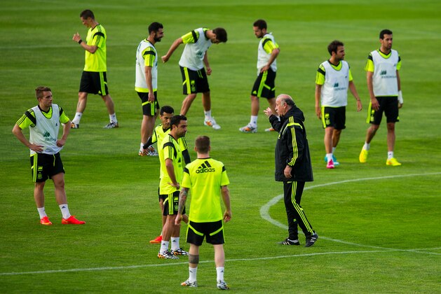 LAS ROZAS DE MADRID, SPAIN - MAY 28:  Head coach Vicente Del Bosque of Spain directs his players during a training session at Ciudad del Futbol on May 28, 2014 in Las Rozas de Madrid, Spain.  (Photo by David Ramos/Getty Images)