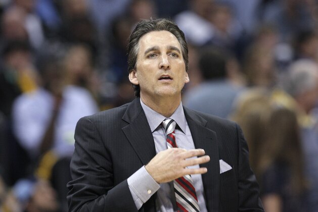 Los Angeles Clippers coach Vinny Del Negro watches the first half of Game 6 in a first-round NBA basketball playoff series against the Memphis Grizzlies in Memphis, Tenn., Friday, May 3, 2013. (AP Photo/Danny Johnston)