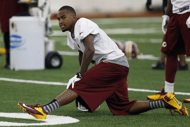 May 29, 2014; Ashburn, VA, USA; Washington Redskins wide receiver DeSean Jackson (1) stretches his leg during organized team activities at Redskins Park. Mandatory Credit: Geoff Burke-USA TODAY Sports