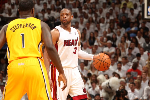 MIAMI, FL - May 24: Dwyane Wade #3 of the Miami Heat handles the ball against the Indiana Pacers in Game Three of the Eastern Conference Finals during the 2014 NBA playoffs at the American Airlines Arena in Miami, Florida on May 24, 2014. NOTE TO USER: User expressly acknowledges and agrees that, by downloading and/or using this photograph, user is consenting to the terms and conditions of the Getty Images License Agreement. Mandatory copyright notice: Copyright NBAE 2014 (Photo by Issac Baldizon/NBAE via Getty Images)