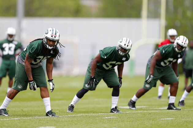 FLORHAM PARK, NJ - MAY 16: Safety Calvin Pryor #35 Linebacker Jeremiah George #53 and Linebacker Ike Enemkpali #51 of the New York Jets get set to run a special teams drill during the first day of rookie minicamp on May 16, 2014 in Florham Park, New Jersey. (Photo by Rich Schultz /Getty Images)
