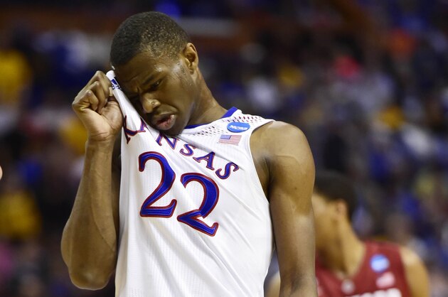 Mar 23, 2014; St. Louis, MO, USA; Kansas Jayhawks guard Andrew Wiggins (22) reacts against the Stanford Cardinal during the second half in the third round of the 2014 NCAA Men's Basketball Championship at Scottrade Center. Mandatory Credit: Scott Rovak-USA TODAY Sports