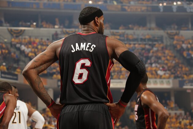 INDIANAPOLIS, IN - MAY 28: LeBron James #6 of the Miami Heat looks on in Game Five of the Eastern Conference Finals against the Indiana Pacers during the 2014 NBA Playoffs on May 28, 2014 at Bankers Life Fieldhouse, Indianapolis, IN. NOTE TO USER: User expressly acknowledges and agrees that, by downloading and or using this photograph, User is consenting to the terms and conditions of the Getty Images License Agreement. Mandatory Copyright Notice: Copyright 2014 NBAE (Photo by Ron Hoskins/NBAE via Getty Images)