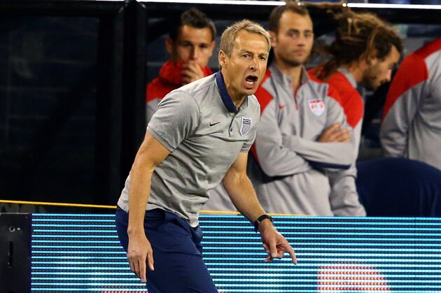 Apr 2, 2014; Glendale, AZ, USA; USA head coach Jurgen Klinsmann reacts against Mexico during a friendly match at University of Phoenix Stadium. Mandatory Credit: Mark J. Rebilas-USA TODAY Sports