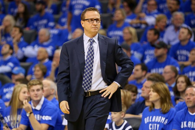 OKLAHOMA CITY, OK - MAY 25:  Head coach Scott Brooks of the Oklahoma City Thunder looks on in the first quarter against the San Antonio Spurs during Game Three of the Western Conference Finals of the 2014 NBA Playoffs at Chesapeake Energy Arena on May 25, 2014 in Oklahoma City, Oklahoma.  (Photo by Ronald Martinez/Getty Images)