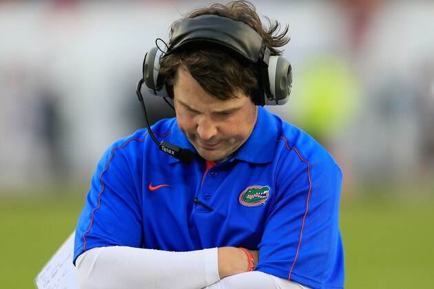 JACKSONVILLE, FL - OCTOBER 27:  Head coach Will Muschamp of the Florida Gators watches the action during the game against the Georgia Bulldogs at EverBank Field on October 27, 2012 in Jacksonville, Florida.  (Photo by Sam Greenwood/Getty Images)