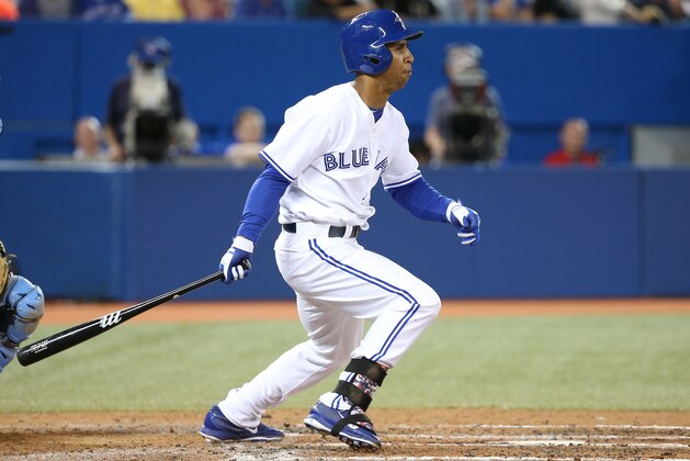 TORONTO, CANADA - MAY 28: Anthony Gose #8 of the Toronto Blue Jays hits a single in the fourth inning during MLB game action against the Tampa Bay Rays on May 28, 2014 at Rogers Centre in Toronto, Ontario, Canada. (Photo by Tom Szczerbowski/Getty Images)