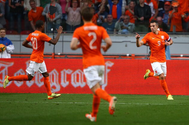 AMSTERDAM, NETHERLANDS - MAY 17: Robin van Persie of Holland celebrates after scoring the teams only goal of the game during the International Friendly match between The Netherlands and Ecuador at The Amsterdam Arena on May 17, 2014 in Amsterdam, Netherlands. (Photo by Charlie Crowhurst/Getty Images)