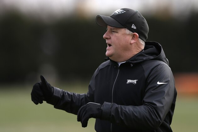Philadelphia Eagles head coach Chip Kelly calls out to players during NFL football practice at the team's training facility, Wednesday, Jan. 1, 2014, in Philadelphia. The Eagles host the New Orleans Saints in a wild-card playoff game on Saturday. (AP Photo/Matt Rourke)