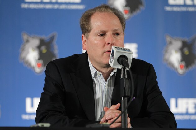 MINNEAPOLIS, MN - SEPTEMBER 28:  David Kahn President of Basketball Operations of the Minnesota Timberwolves introduces Andrei Kirilenko to the media by  at a press conference on September 28, 2012 at Target Center in Minneapolis, Minnesota. NOTE TO USER: User expressly acknowledges and agrees that, by downloading and or using this Photograph, user is consenting to the terms and conditions of the Getty Images License Agreement. Mandatory Copyright Notice: Copyright 2012 NBAE (Photo by David Sherman/NBAE via Getty Images)
