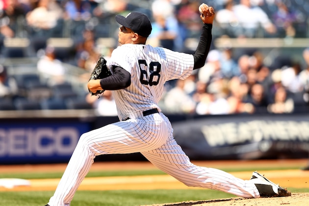 NEW YORK, NY - APRIL 26:  Dellin Betances #68 of the New York Yankees delivers a pitch against the Los Angeles Angels of Anaheim on April 26, 2014 at Yankee Stadium in the Bronx borough of New York City.  (Photo by Elsa/Getty Images)