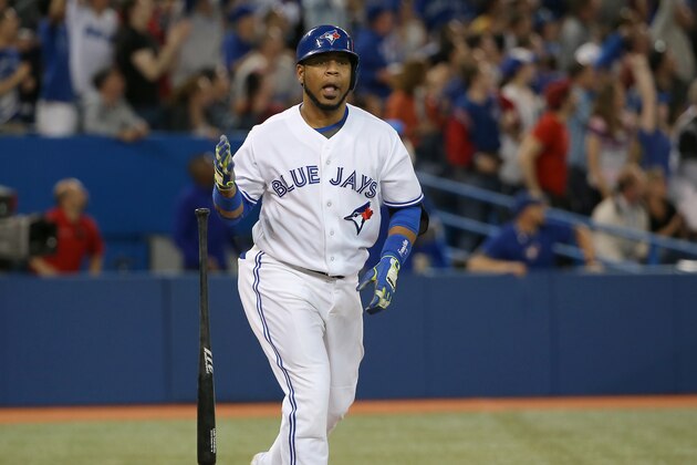 TORONTO, CANADA - MAY 29: Edwin Encarnacion #10 of the Toronto Blue Jays reacts after hitting his second home run of the game, a two-run shot, in the sixth inning during MLB game action against the Kansas City Royals on May 29, 2014 at Rogers Centre in Toronto, Ontario, Canada. (Photo by Tom Szczerbowski/Getty Images)