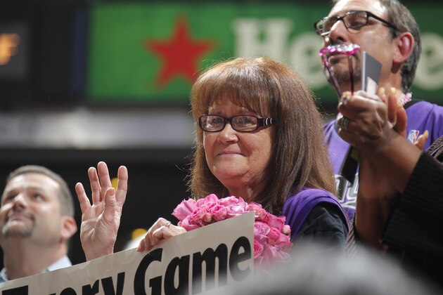 SACRAMENTO, CA - DECEMBER 27: Barbara Rust 'The Sign Lady' was inducted into the ESPN Fan Hall of Fame and attends the game between the Miami Heat and Sacramento Kings on December 27, 2013 at Sleep Train Arena in Sacramento, California. NOTE TO USER: User expressly acknowledges and agrees that, by downloading and or using this photograph, User is consenting to the terms and conditions of the Getty Images Agreement. Mandatory Copyright Notice: Copyright 2013 NBAE (Photo by Rocky Widner/NBAE via Getty Images)