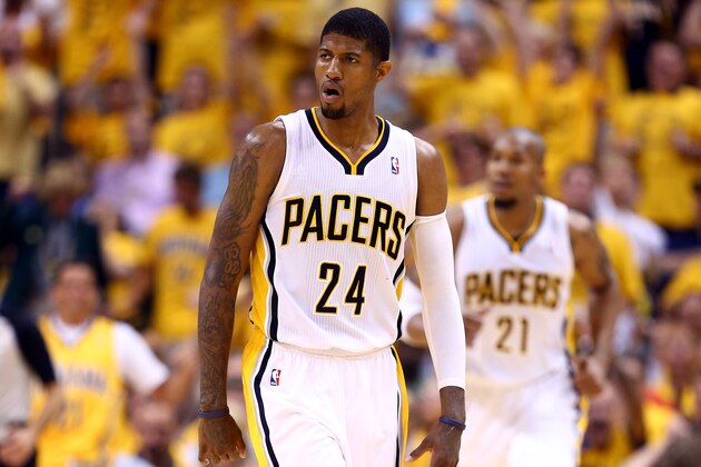 INDIANAPOLIS, IN - MAY 28:  Paul George #24 of the Indiana Pacers reacts against the Miami Heat during Game Five of the Eastern Conference Finals of the 2014 NBA Playoffs at Bankers Life Fieldhouse on May 28, 2014 in Indianapolis, Indiana. NOTE TO USER: User expressly acknowledges and agrees that, by downloading and or using this photograph, User is consenting to the terms and conditions of the Getty Images License Agreement.  (Photo by Andy Lyons/Getty Images)
