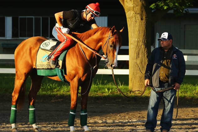 ELMONT, NY - MAY 30:  Kentucky Derby and Preakness winner California Chrome, with exercise rider Willie Delgado up, and lead by assistant trainer Alan Sherman, head to the main track to train at Belmont Park on May 30, 2014 in Elmont, New York. He is scheduled to race for the Triple Crown in the 146th running of the Belmont Stakes  (Photo by Al Bello/Getty Images)