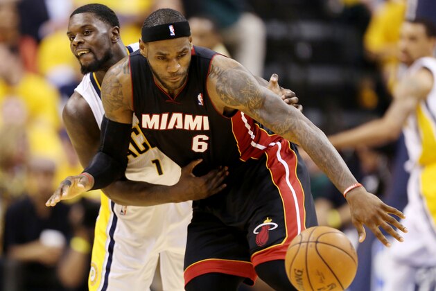 May 28, 2014; Indianapolis, IN, USA; Miami Heat forward LeBron James (6) loses control of the ball as Indiana Pacers guard Lance Stephenson (1) defends during the third quarter in game five of the Eastern Conference Finals of the 2014 NBA Playoffs at Bankers Life Fieldhouse. Mandatory Credit: Brian Spurlock-USA TODAY Sports May 28, 2014; Indianapolis, IN, USA; Miami Heat forward LeBron James (6) loses control of the ball as Indiana Pacers guard Lance Stephenson (1) defends during the third quarter in game five of the Eastern Conference Finals of the 2014 NBA Playoffs at Bankers Life Fieldhouse. Mandatory Credit: Brian Spurlock-USA TODAY Sports