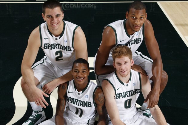 Michigan State freshmen Alex Gauna (2), Keith Appling (11), Russell Byrd (0), and Adreian Payne are shown during the NCAA college basketball team's media day, Tuesday, Oct. 12, 2010, in East Lansing, Mich. (AP Photo/Al Goldis)