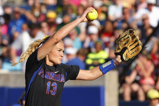 Florida starter Hannah Rogers pitches against Oregon during the first inning of an NCAA Women's College World Series softball tournament game in Oklahoma City, Friday, May 30, 2014.  Florida won 4-0. (AP Photo/Alonzo Adams)