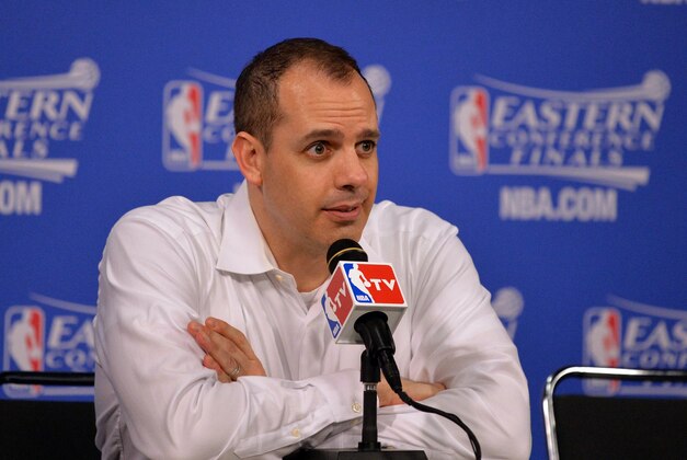 May 30, 2014; Miami, FL, USA; Indiana Pacers head coach Frank Vogel at a press conference before game six of the Eastern Conference Finals of the 2014 NBA Playoffs against the Miami Heat at American Airlines Arena. Mandatory Credit: Steve Mitchell-USA TODAY Sports