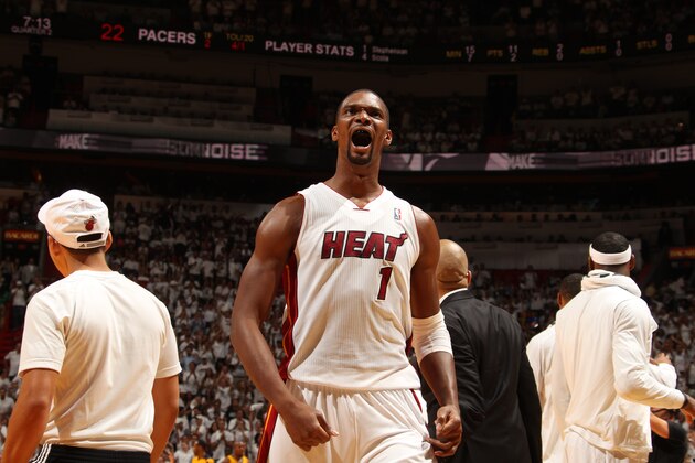 MIAMI, FL - MAY 30: Chris Bosh #1 of the Miami Heat celebrates against the Indiana Pacers in Game Six of the Eastern Conference Finals during the 2014 NBA Playoffs on May 30, 2014 in Miami, Fl. NOTE TO USER: User expressly acknowledges and agrees that, by downloading and or using this photograph, User is consenting to the terms and conditions of the Getty Images License Agreement. Mandatory Copyright Notice: Copyright 2014 NBAE  (Photo by Issac Baldizon/NBAE via Getty Images)