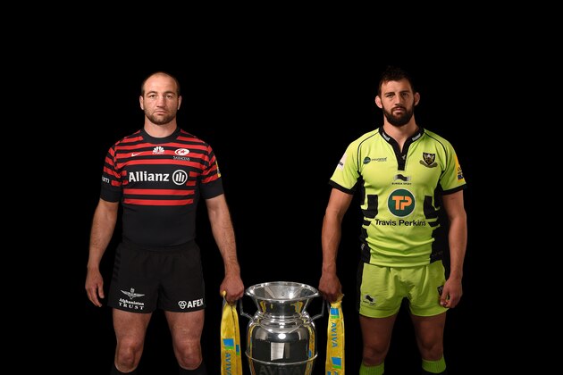 UNSPECIFIED, UNDATED :  In this composite photo illustration, Steve Borthwick of Saracens (left) and Tom Wood of Northampton Saints (right) pose with the Aviva Premiership Trophy. Saracens will play Northampton Saints in the Aviva Premiership Final at Twickenham on Saturday 31st May 2014  (Original Photos by Shaun Botterill/Getty Images for Aviva)