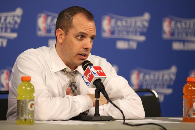 MIAMI, FL - MAY 30: Frank Vogel of the Indiana Pacers addresses the media after Game Six of the Eastern Conference Finals against the Miami Heat during the 2014 NBA Playoffs on May 30, 2014 in Miami, Fl. NOTE TO USER: User expressly acknowledges and agrees that, by downloading and or using this photograph, User is consenting to the terms and conditions of the Getty Images License Agreement. Mandatory Copyright Notice: Copyright 2014 NBAE  (Photo by Issac Baldizon/NBAE via Getty Images)