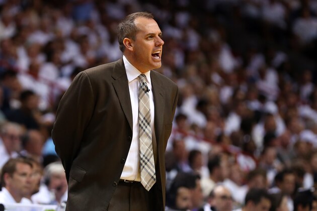 MIAMI, FL - MAY 30: Frank Vogel of the Indiana Pacers looks on against the Miami Heat during Game Six of the Eastern Conference Finals of the 2014 NBA Playoffs at American Airlines Arena on May 30, 2014 in Miami, Florida.  NOTE TO USER: User expressly acknowledges and agrees that, by downloading and or using this photograph, User is consenting to the terms and conditions of the Getty Images License Agreement.  (Photo by Mike Ehrmann/Getty Images)