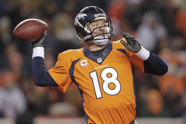 Denver Broncos quarterback Peyton Manning (18) passes against the San Diego Chargers in the second quarter of an NFL football game, Thursday, Dec. 12, 2013, in Denver. (AP Photo/Joe Mahoney)