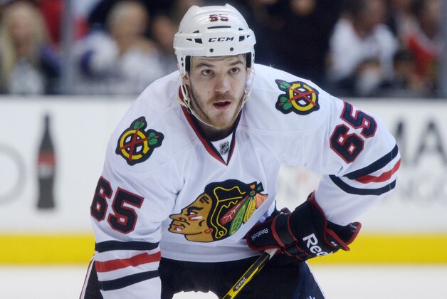 May 26, 2014; Los Angeles, CA, USA; Chicago Blackhawks center Andrew Shaw (65) during game four of the Western Conference Final of the 2014 Stanley Cup Playoffs against the Los Angeles Kings at Staples Center. The Kings defeated the Blackhawks 5-2 to take a 3-1 series lead. Mandatory Credit: Kirby Lee-USA TODAY Sports