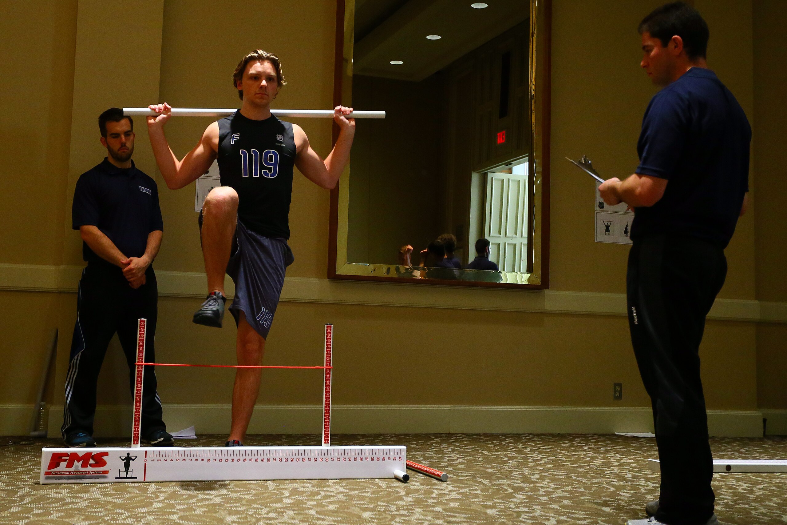 TORONTO - CANADA - MAY 29:  Sam Reinhart performs a test during the Functional Movement screening at the NHL Combine May 29, 2014 at the Westin Bristol in Toronto, Ontario, Canada. (Photo by Graig Abel/NHLI  via Getty Images)