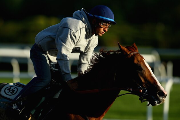 ELMONT, NY - MAY 31:  Kentucky Derby and Preakness winner California Chrome with Jockey Victor Espinoza up, trains at Belmont Park on May 31, 2014 in Elmont, New York. He is scheduled to race for the Triple Crown in the 146th running of the Belmont Stakes  (Photo by Al Bello/Getty Images)