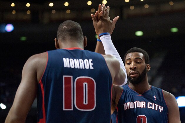 Jan 5, 2014; Auburn Hills, MI, USA; Detroit Pistons center Andre Drummond (0) high fives power forward Greg Monroe (10) during the first quarter against the Memphis Grizzlies at The Palace of Auburn Hills. Mandatory Credit: Tim Fuller-USA TODAY Sports